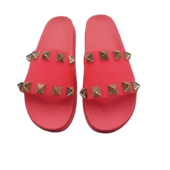 Neon Orange Studded Slides - Picture 1 of 7